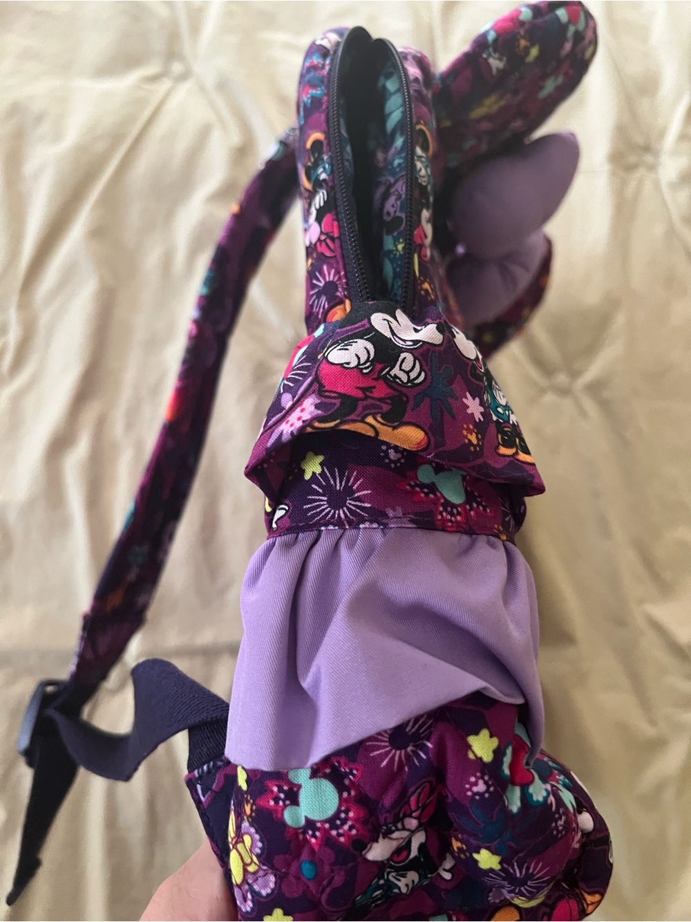 Vera Bradley Minnie Mouse Backpack Quilted Purple Floral Backpack with Bow Ears - Picture 2 of 4